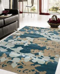 Rugslane Turquoise Color Floral Design Wool & Viscose Mix Handmade Carpet 5ft X 8ft