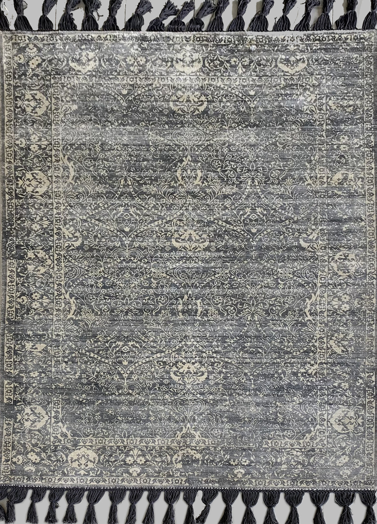 Rugslane Grey /White Damask Design Floral Botanical Silk Carpet 5.6ft X 7.8ft