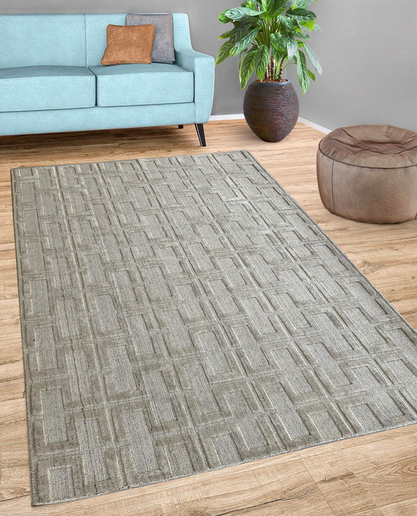 Rugslane Plain Textured Wool and Viscose Mix Textured Box Design Grey High Low Carpet 5.7ft X 7.6ft