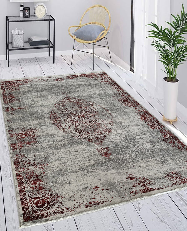 Rugslane Supreme Grey Red Transitional Premium Botanical Silk Multi Carpet 5.3ft X 7.7ft