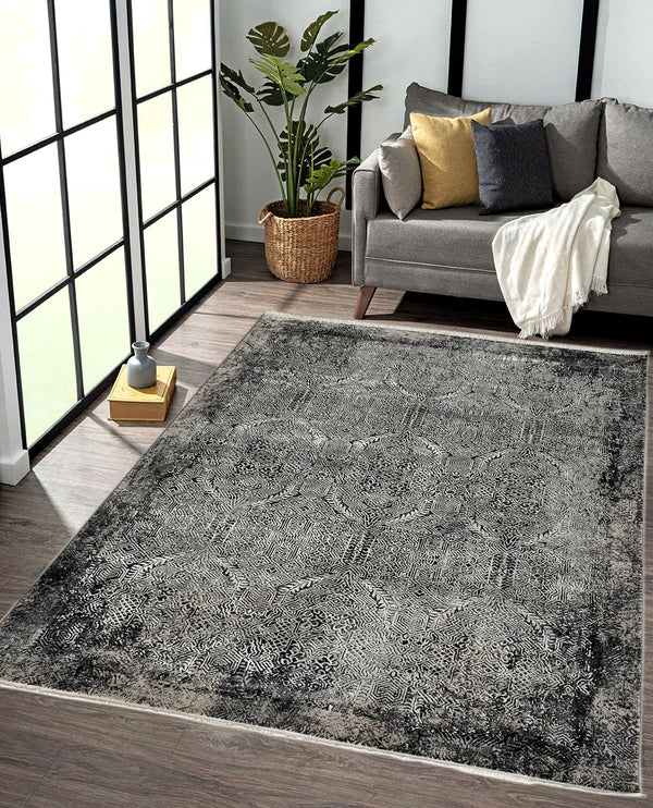 Rugslane Supreme Charcoal Beige Geometric Pattern Premium Botanical Silk Carpet