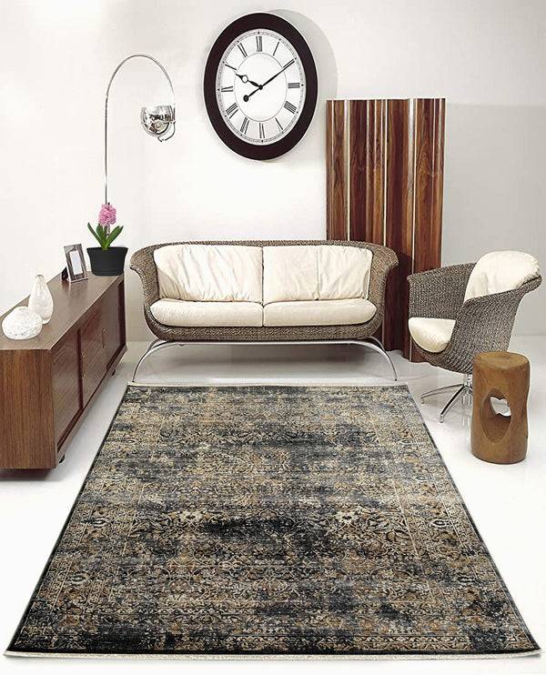 Rugslane Supreme Charcoal Gold Transitional Design Premium Botanical Silk Carpet 5.3ft X 7.7ft