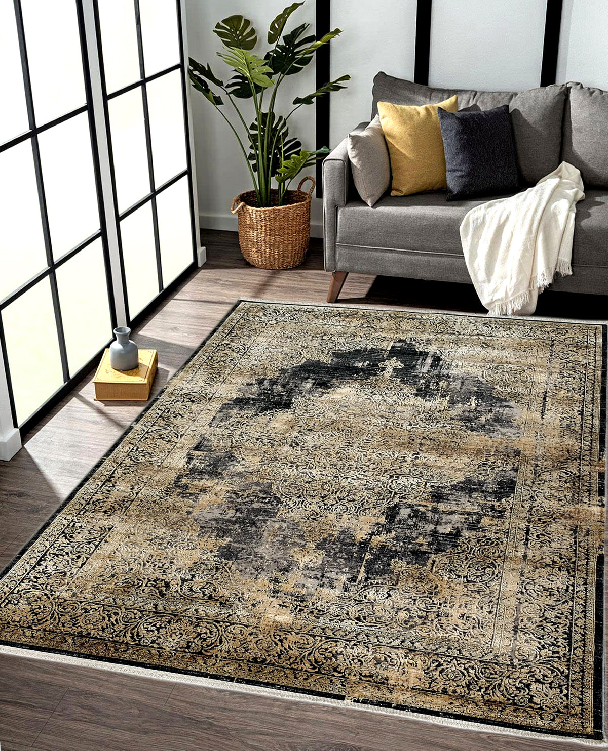 Rugslane Supreme charcoal Transitional Design Premium Botanical Silk Carpet 5.3 ft x 7.7 ft