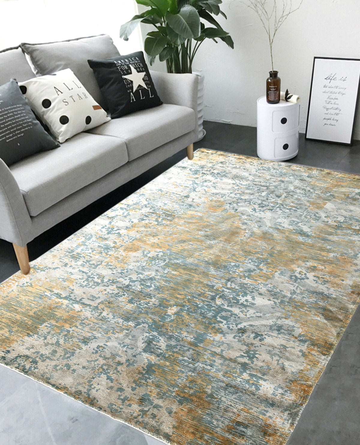 Rugslane Yellow Multi Modern 100% Viscose Carpet 5.1ft X 7.4ft