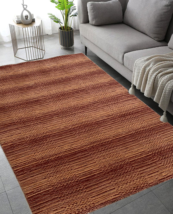 Rugslane Plain Loom Knotted Textured Woolen Box Design Rust Color Carpet 4.6ft X 6.6ft