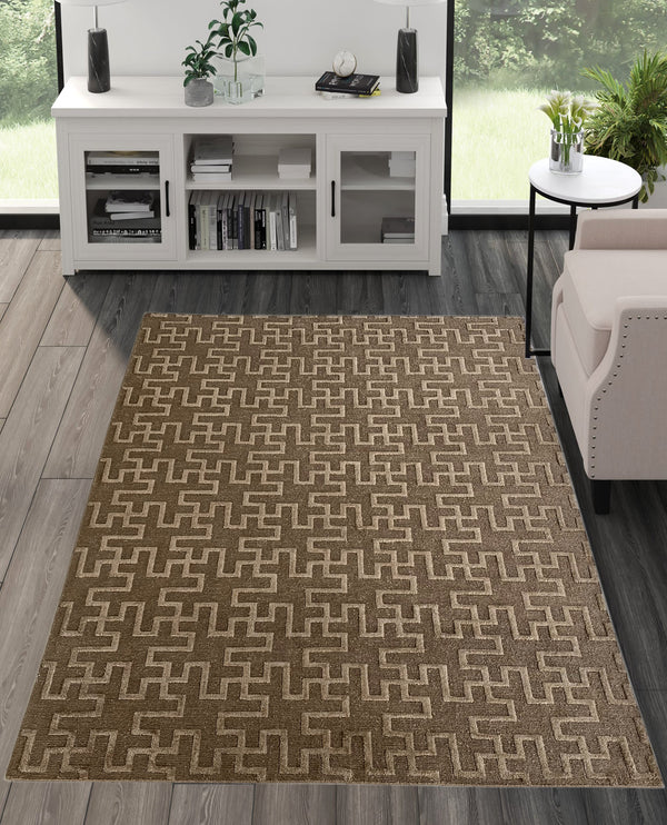 Rugslane Hand Knotted Sumack Weave Beige 100% Wool Trellis Design Luxurious Carpet 5ft X 8ft