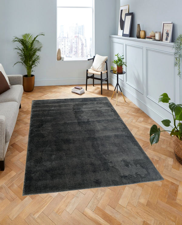 Rugslane Charcoal Color Modern Contemporary Luxurious Hand Knotted  Wool Viscose Carpet 5.3ft X 7.7ft