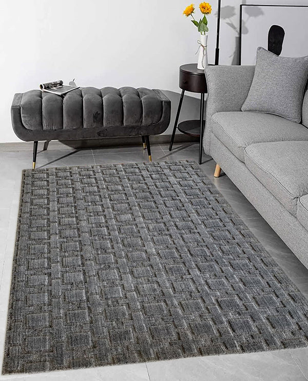 Rugslane Plain Textured Wool and Viscose Mix  Box Design Grey High Low Carpet 5.4ft X 8.4t