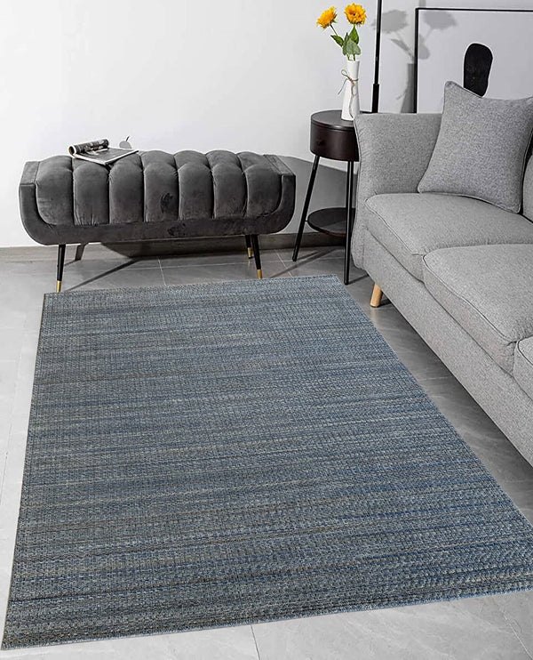 Rugslane Medium Blue Multi  Box Design Textured Wool &Viscose Mix Loom Knotted Carpet 5.7 ft X 7.10 ft