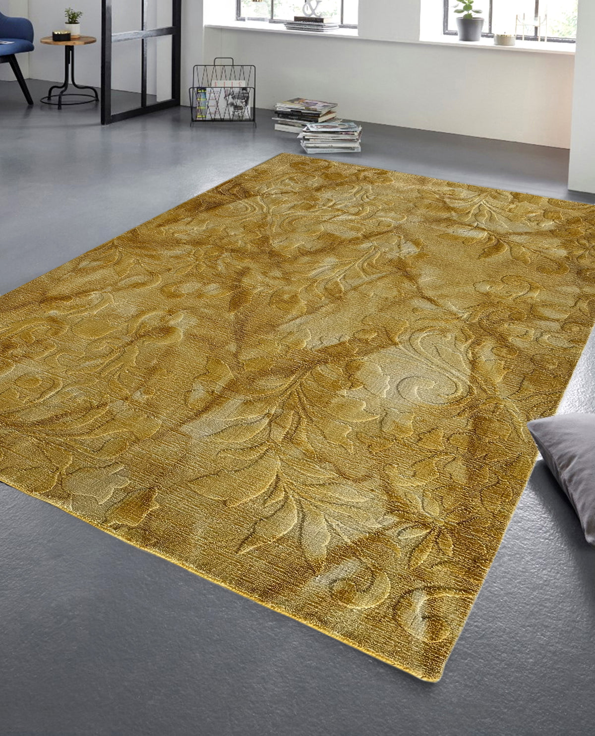 Rugslane Hand Knotted Yellow Gold Shaded Wool & viscose Mix High Low Embossed FLORAL Carpet 5.7 ft X 7.10 ft