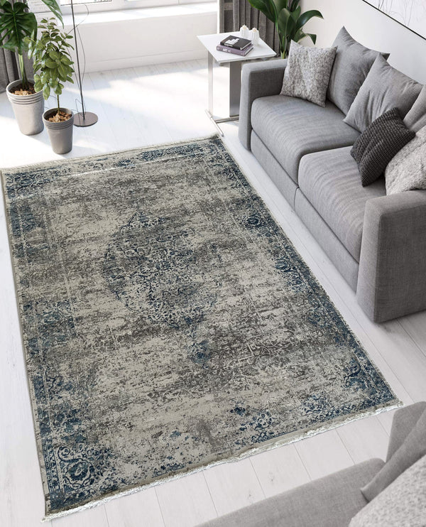Rugslane Supreme Silver Blue Transitional Design Premium Botanical Silk Carpet 5.3 ft x 7.7 ft