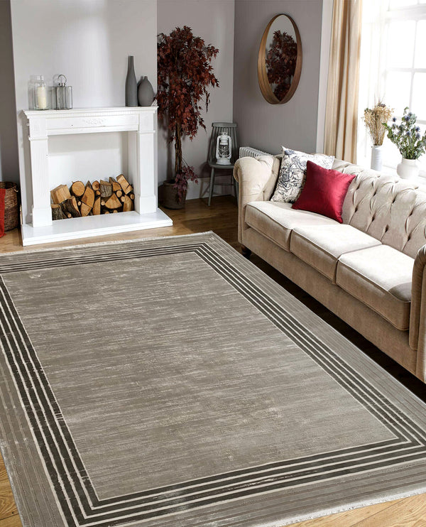 Rugslane Beige Brown Textured  Plain Lines Luxurious Botanical Silk Carpet 6.6ft X 9.6ft