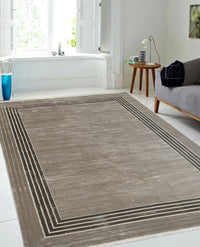 Rugslane Beige Brown Textured  Plain Lines Luxurious Botanical Silk Carpet 6.6ft X 9.6ft