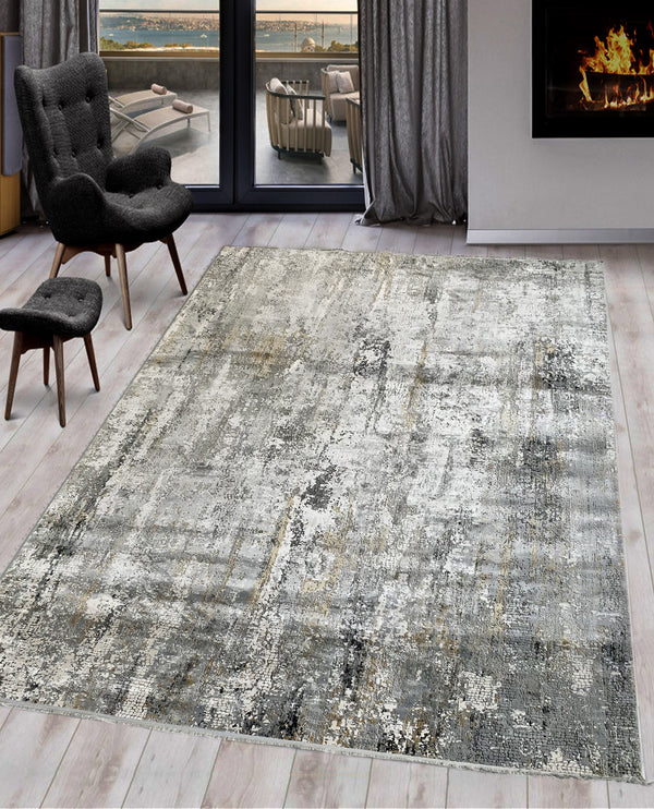 Rugslane Silver Grey Modern Abstract Premium Luxurious Botanical Silk Carpet 10.0ft X 13.0ft