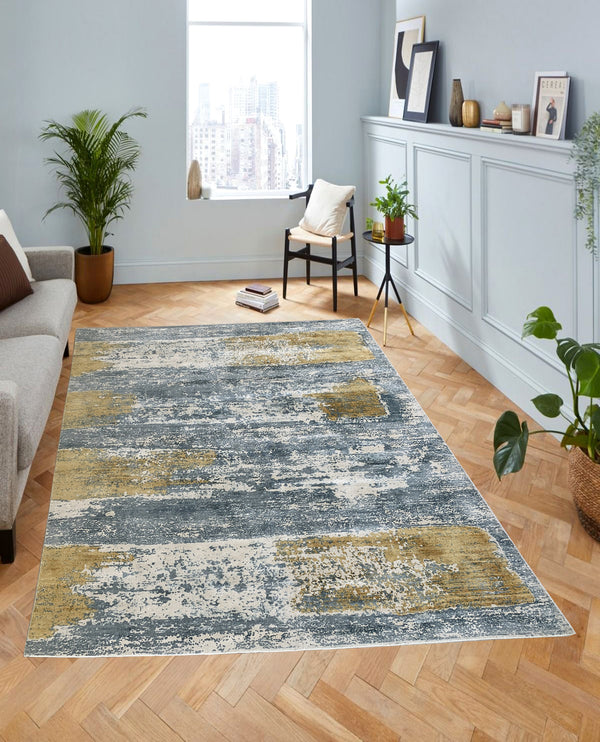 Rugslane Grey and Gold Color Abstract Luxurius Design 100% Viscose Carpet 8.0ft X 10.0ft