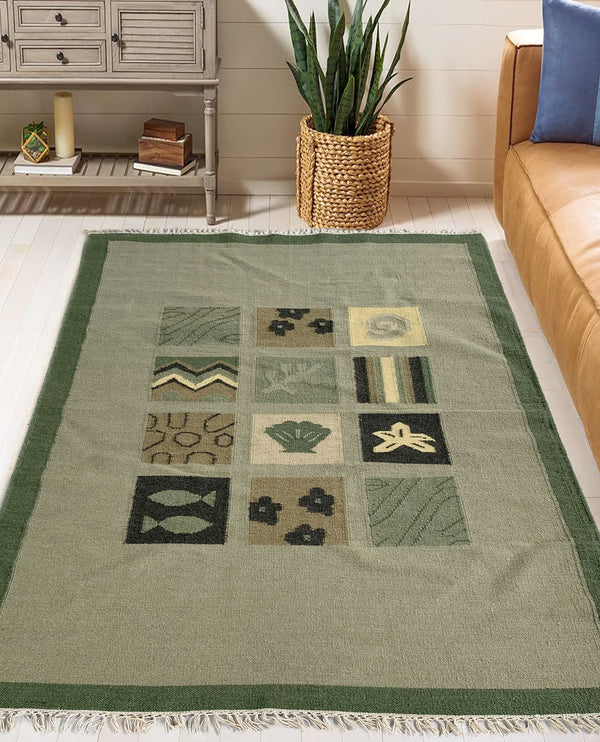 Rugslane Flatweave Kilim Durry Light Green Ground With Box Leaf Floral Design Woolen Durry 4ft x 6ft