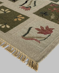 Rugslane Flatweave Kilim Durry Light Green Ground With Box Leaf Floral  Design Woolen Durry 4ft x 6ft