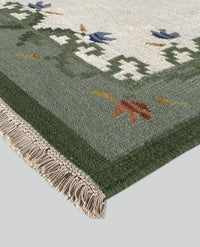 Rugslane Flatweave Kilim Durry White Plain Ground With Greent Leaf Border Design Woolen Durry 4ft x 6ft