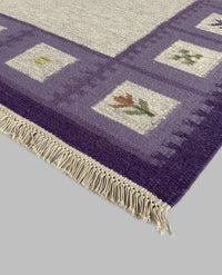Rugslane Flatweave Kilim Durry White Plain Ground With Violet Leaf Border Design Woolen Durry 4ft x 6ft