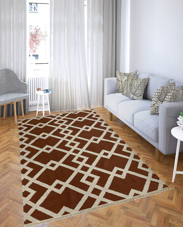 Rugslane Chocolate Brown Color Modern Trellis Design Woolen Flatweave Kilim Durry  5.0ft x 7.6ft