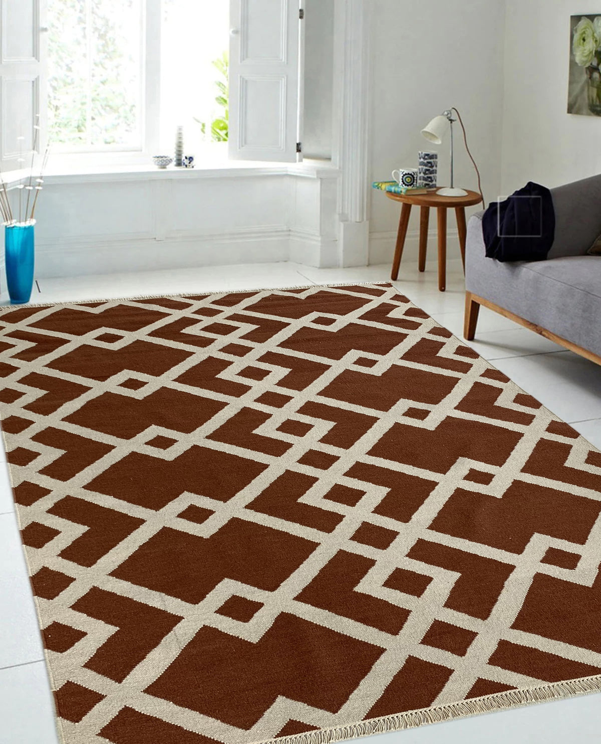 Rugslane Chocolate Brown Color Modern Trellis Design Woolen Flatweave Kilim Durry  5.0ft x 7.6ft