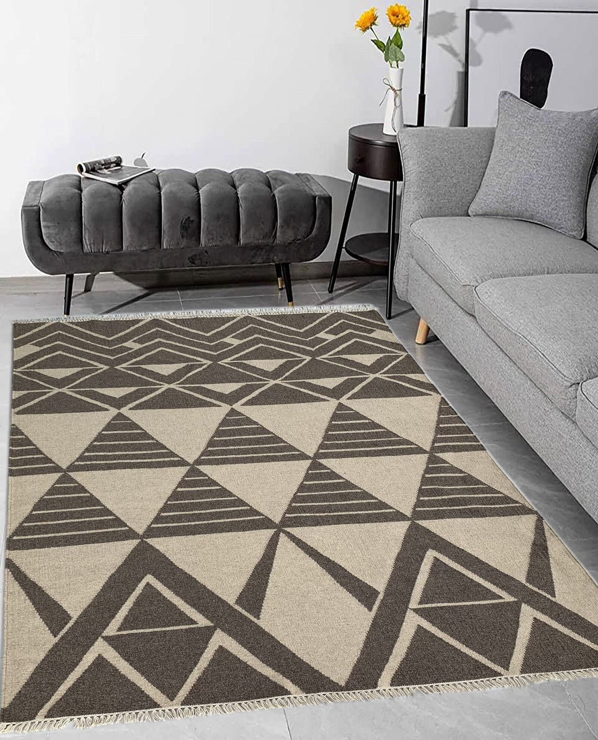 Rugslane Flatweave Kilim Durry Dark Grey / Beige Color Woolen Geometrical Design 5.7ft x 7.10ft