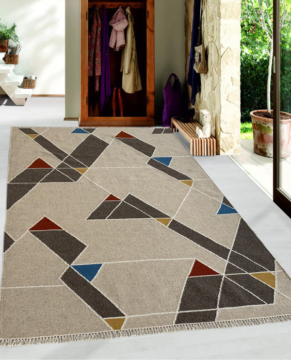Rugslane Flatweave Kilim Durry Beige Color Woolen Geometrical Design 5.9ft x 7.9ft