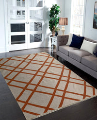 Rugslane Beige Orange Modern Trellis Design Woolen Flatweave Kilim Durry 5.6ft x 7.7ft