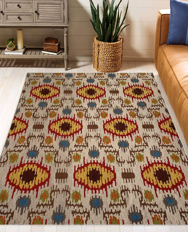 Rugslane Flatweave Kilim Durry  Beige Ground  Color Woolen Ikat Traditional Design 5.7ft x 7.6ft