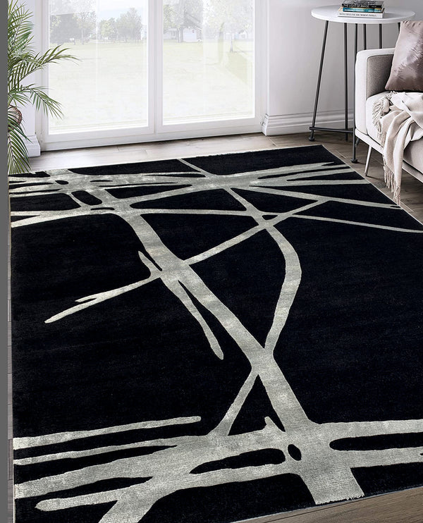 Rugslane Hand knotted Black Color Modern Design High Quality Wool & Viscose Designer Carpets 5ft X 7ft