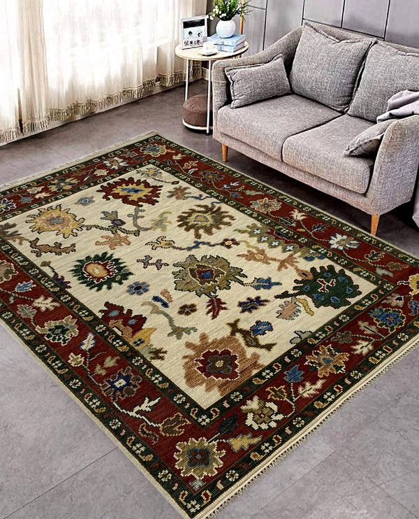 Rugslane Hand knotted Classic Oushak Turkish Weave Beige Red Floral Carpet 6ft X 9ft