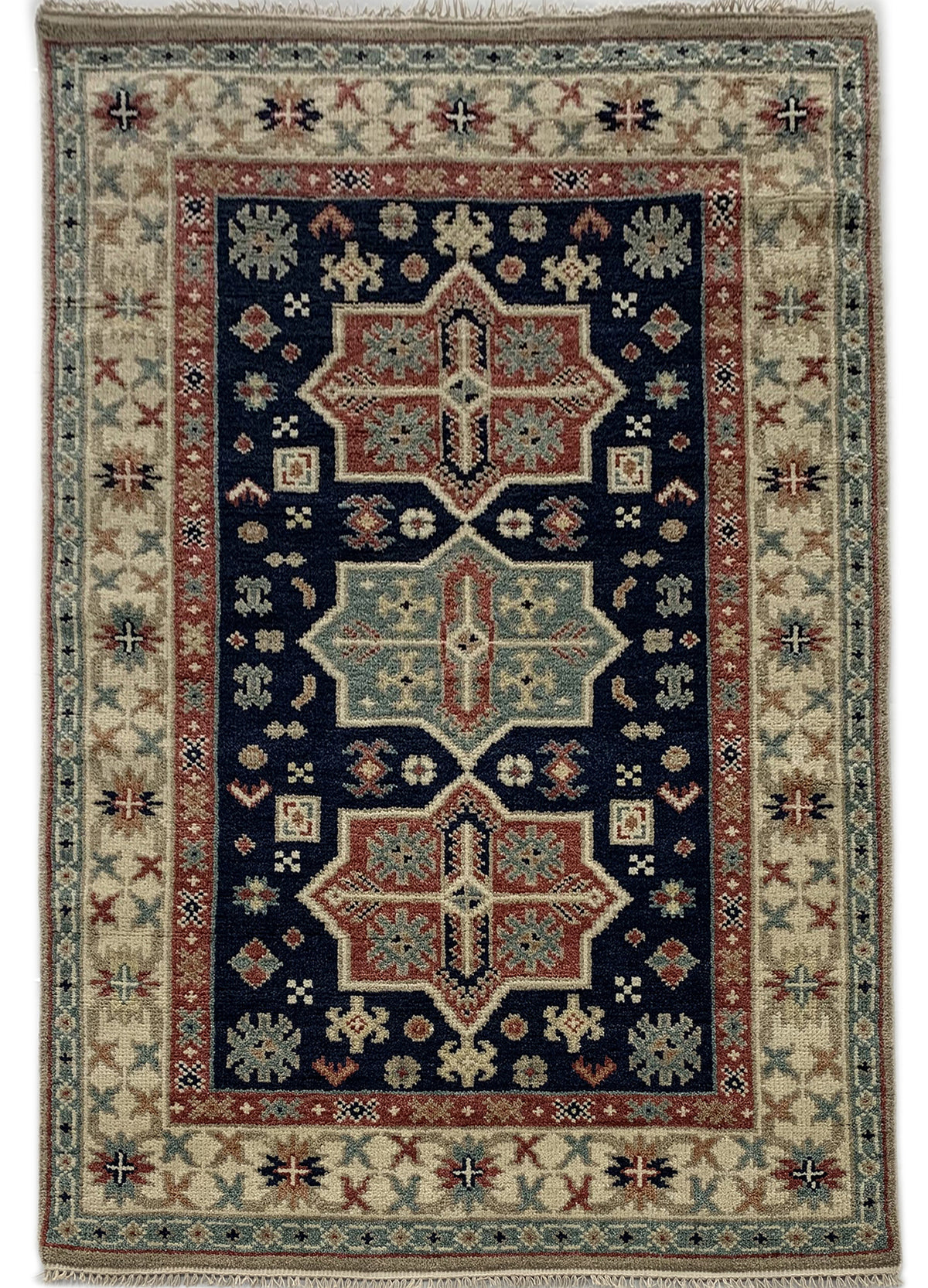 Rugslane Hand knotted Classic Kazak Dk Blue Beige Luxurious Carpet 5.0ft X 8.0ft