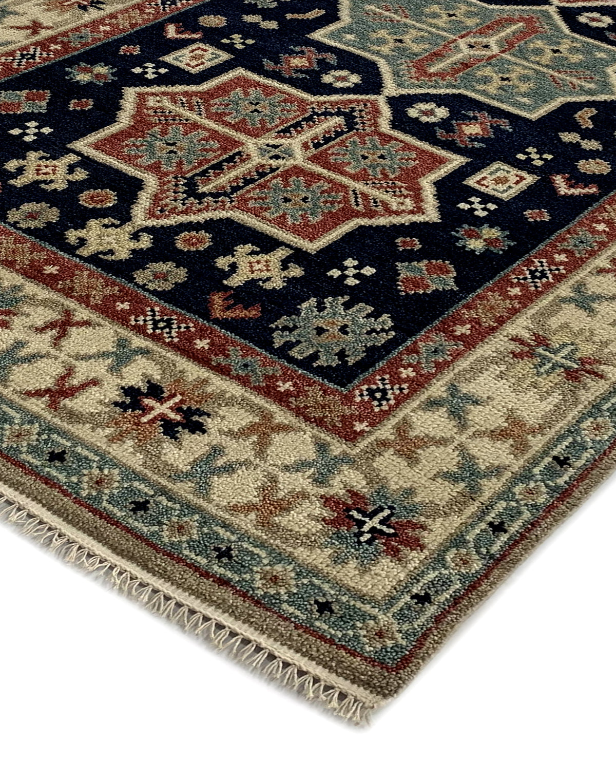 Rugslane Hand knotted Classic Kazak Dk Blue Beige Luxurious Carpet 5.0ft X 8.0ft