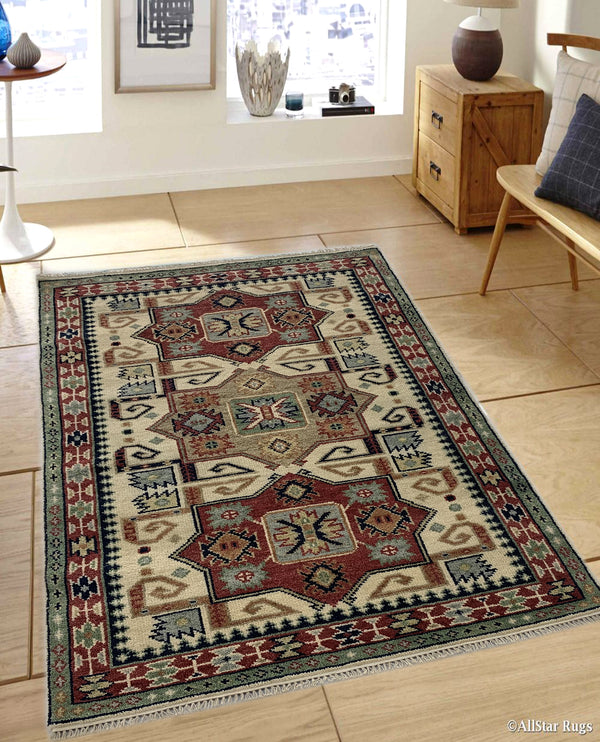 Rugslane Hand knotted Classic Persian Weave Kazak Off White Red Luxurious Carpet 5.0ft X 8.0ft