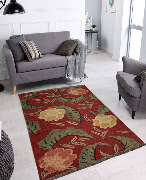 Rugslane Red Floral Kilim Durry Carpet 5ft X 8ft