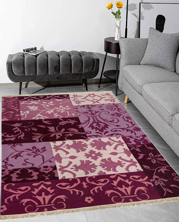 Rugslane Purple Pink Color Traditional Design Woolen Flatweave Kilim Durry 5.8ft X 8.0ft