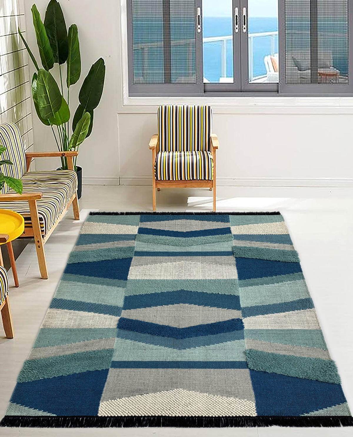 Rugslane Blue Turquoise Modern Kilim Durry Carpet 5.9ft X 7.9ft