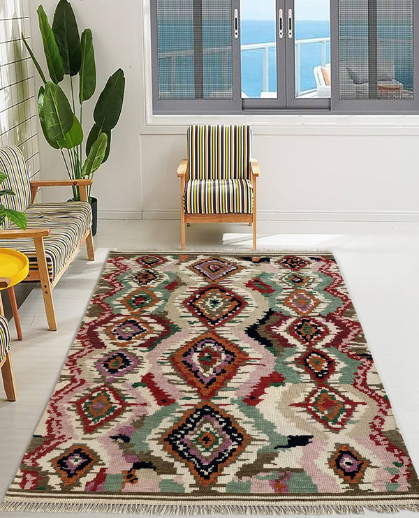 Rugslane Hand knotted Classic Morrocan Design Turkish Weave Multi Modern Carpet 5.3ft X 7.7ft