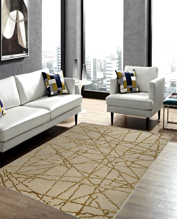 Rugslane Hand knotted Beige & Gold Color Modern Design High Quality Wool & Viscose Designer Carpet 5ft X 8ft