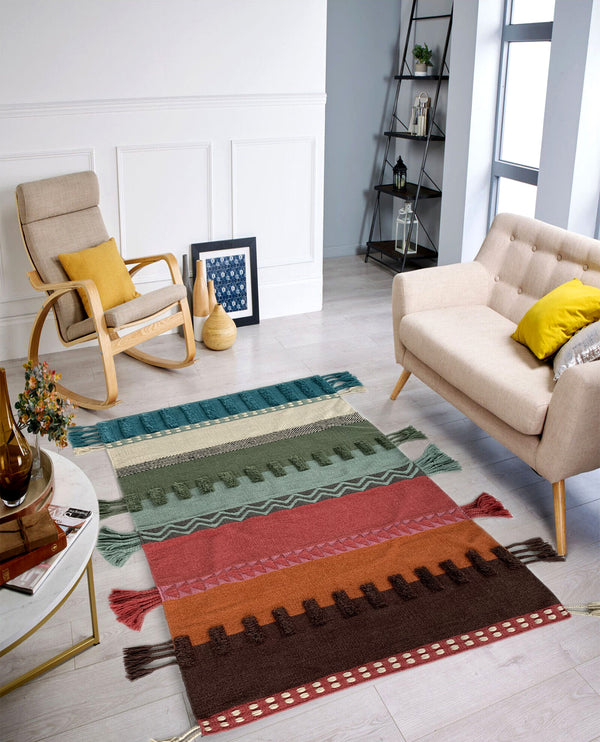 Rugslane Multi Color Modern Durry Carpet 3.10ft X 6.8ft