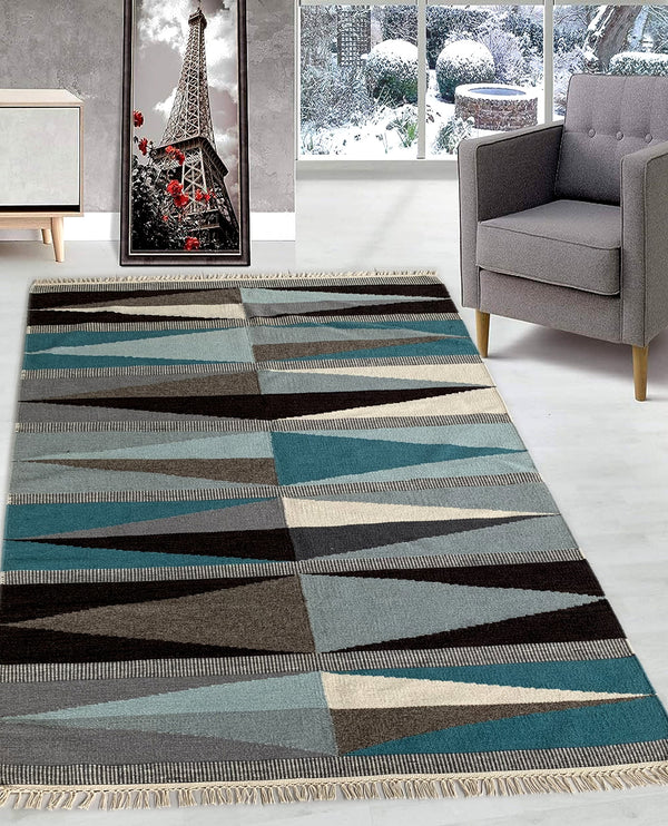 Rugslane Multi Color Modern Durry Carpet 4.9ft X 6.8ft