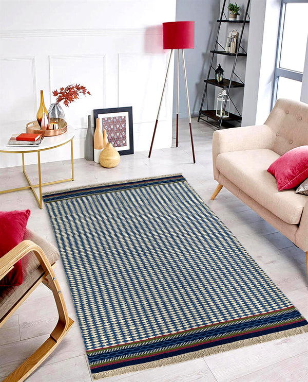 Rugslane Blue Color Modern Durry Carpet 4.7ft X 6.6ft