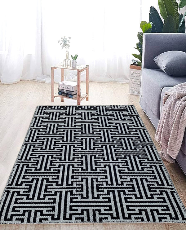 Rugslane Black Color Modern Durry Carpet 4.6ft X 6.3ft
