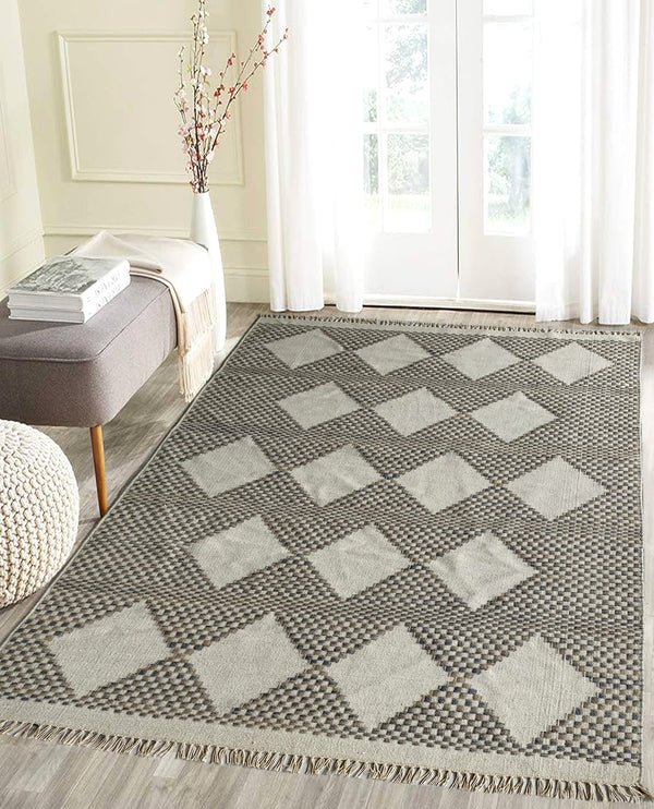 Rugslane Grey & White Color Modern Durry Carpet 4.6ft X 6.9ft