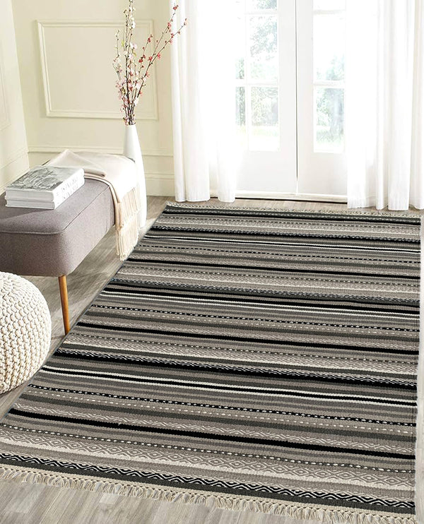 Rugslane Grey Color Modern Durry Carpet 4.6ft X 6.6ft