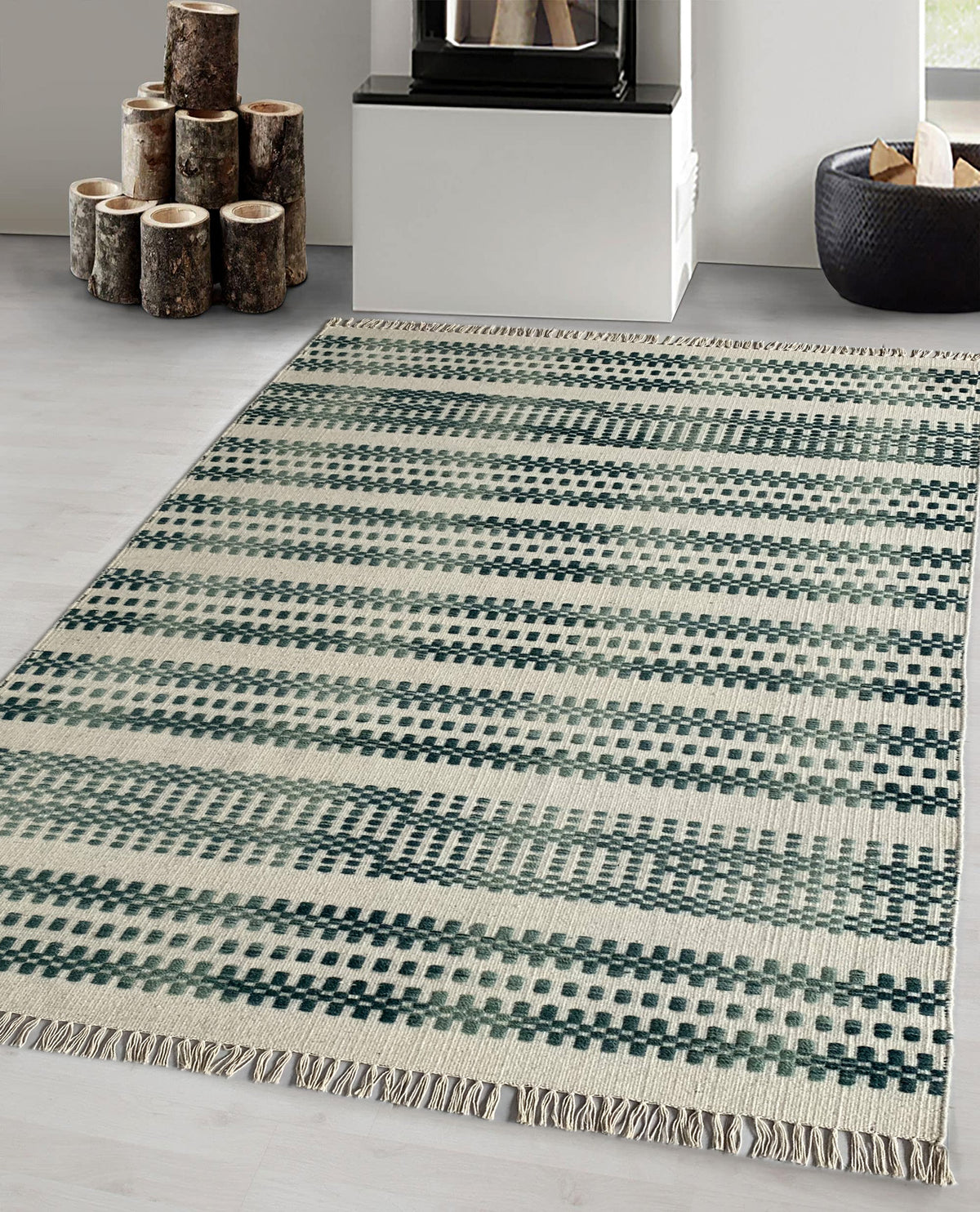 Rugslane Green Color Modern Durry Carpet 4.0ft X 6.0ft