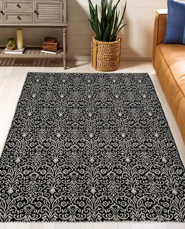 Rugslane Black Color Modern Durry Carpet 4.6ft X 6.6ft