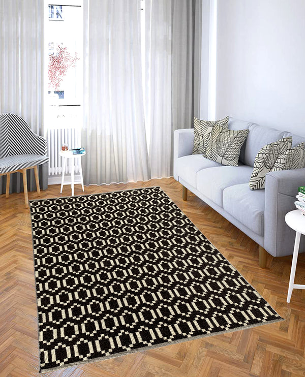 Rugslane Black Color Modern Durry Carpet 4.7ft X 6.9ft