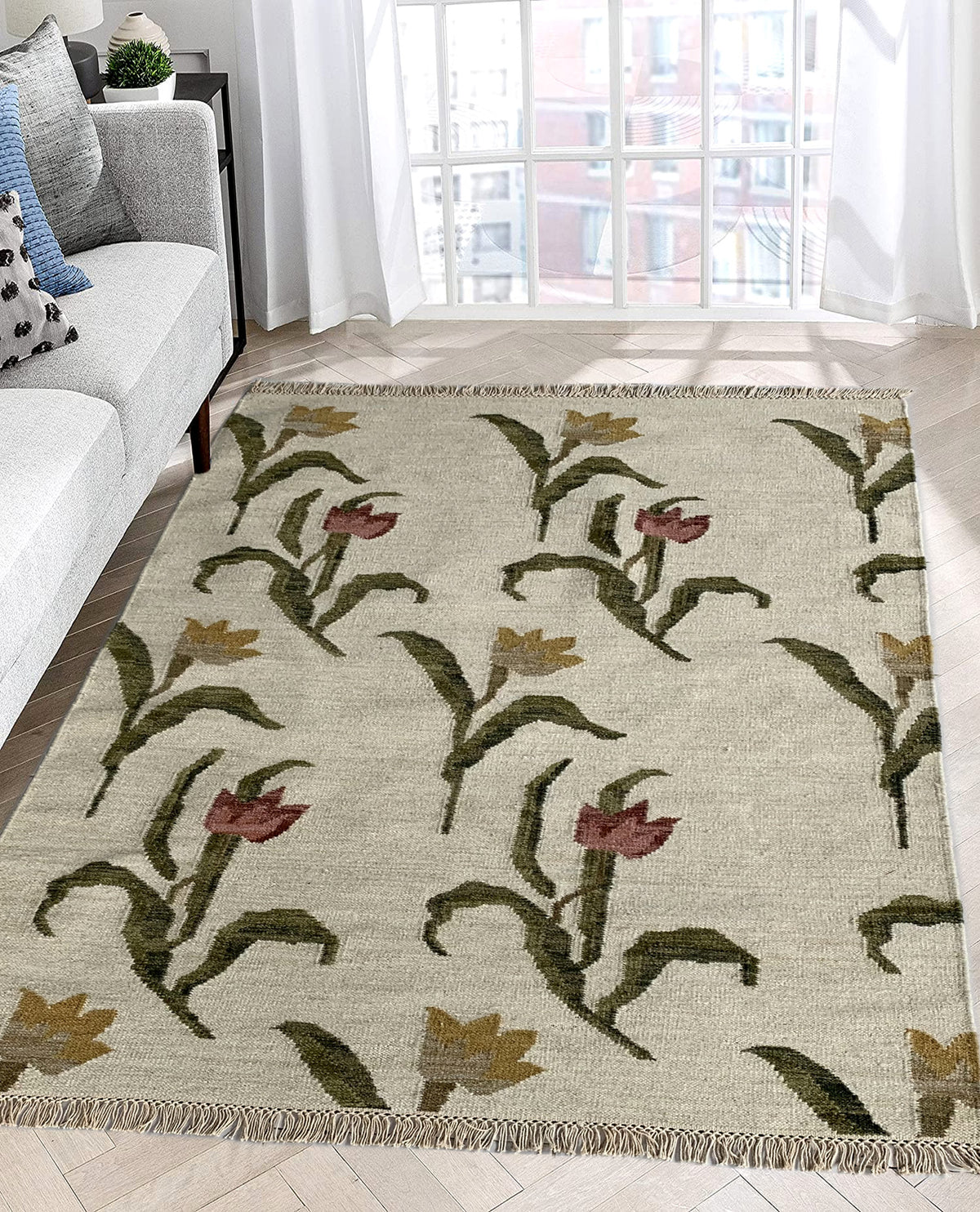 Rugslane White Color Floral Durry Carpet 3.11ft X 5.9ft