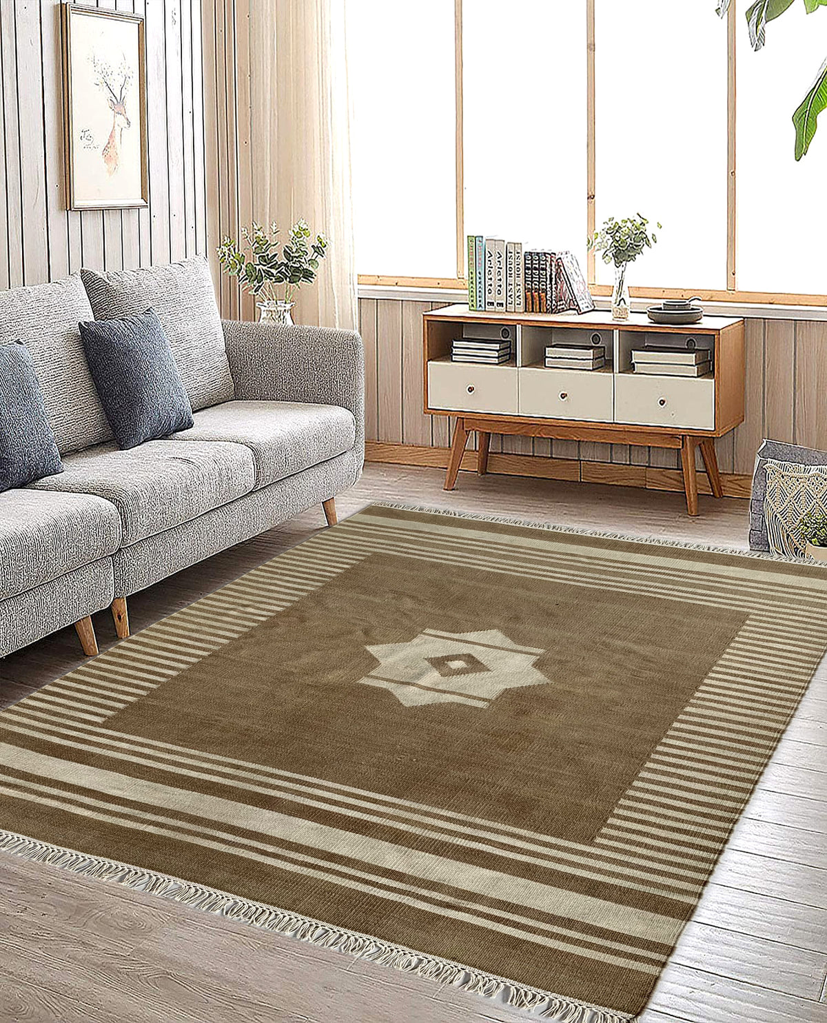 Rugslane Beige Color Modern Durry Carpet 4.8ft X 6.6ft